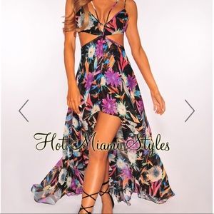 Black High Low Tropical Print Maxi Dress